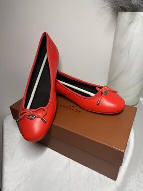 COACH Lara Silk Nappa Ballet Flats Orange Leather Bow Logo Shoes